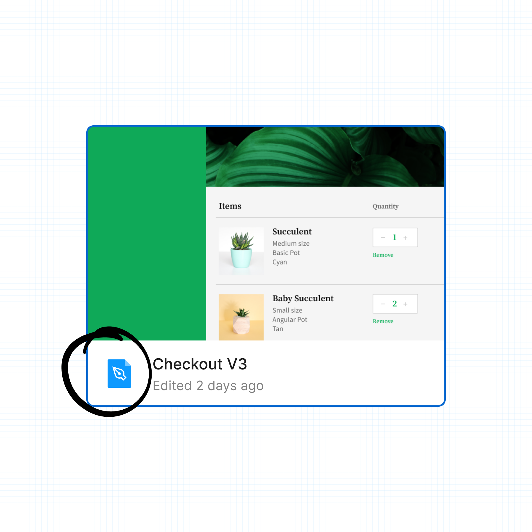 Een voorbeeld van een ontwerpbestand met een omcirkelde pictogram van het ontwerpbestand.