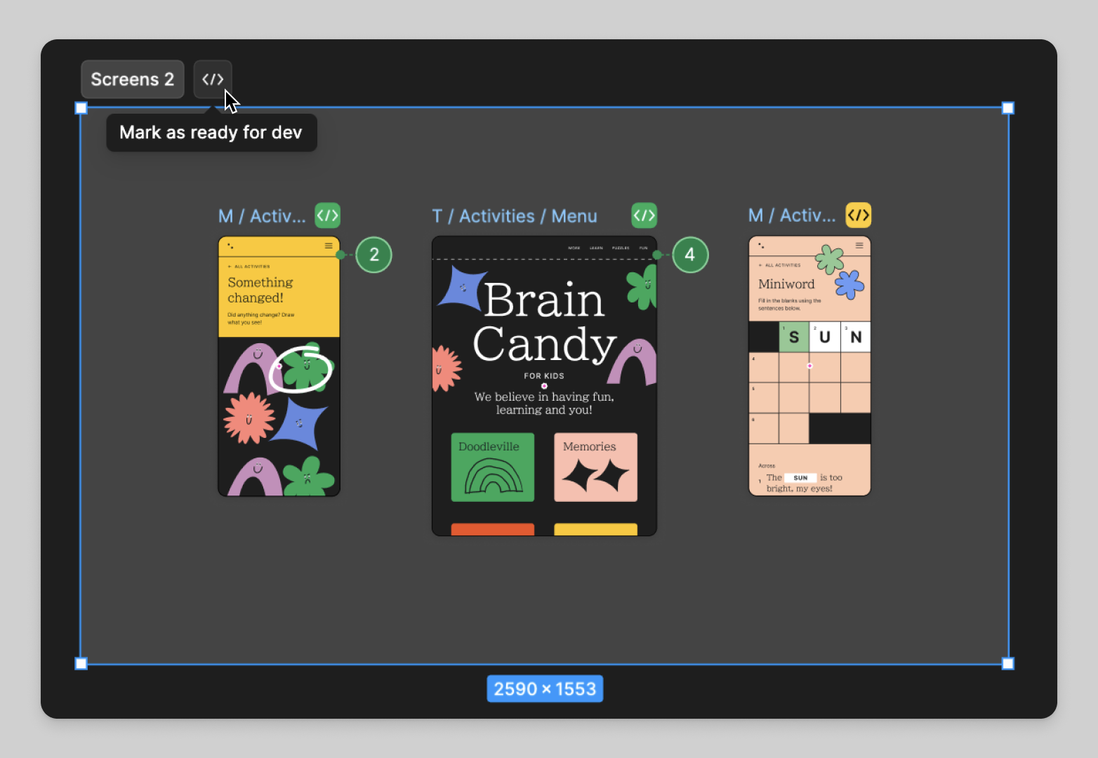 Figma canvas toont een sectie met schermen die gelabeld zijn als "Markeer als Ready For Dev" en afzonderlijke ontwerpelementen.