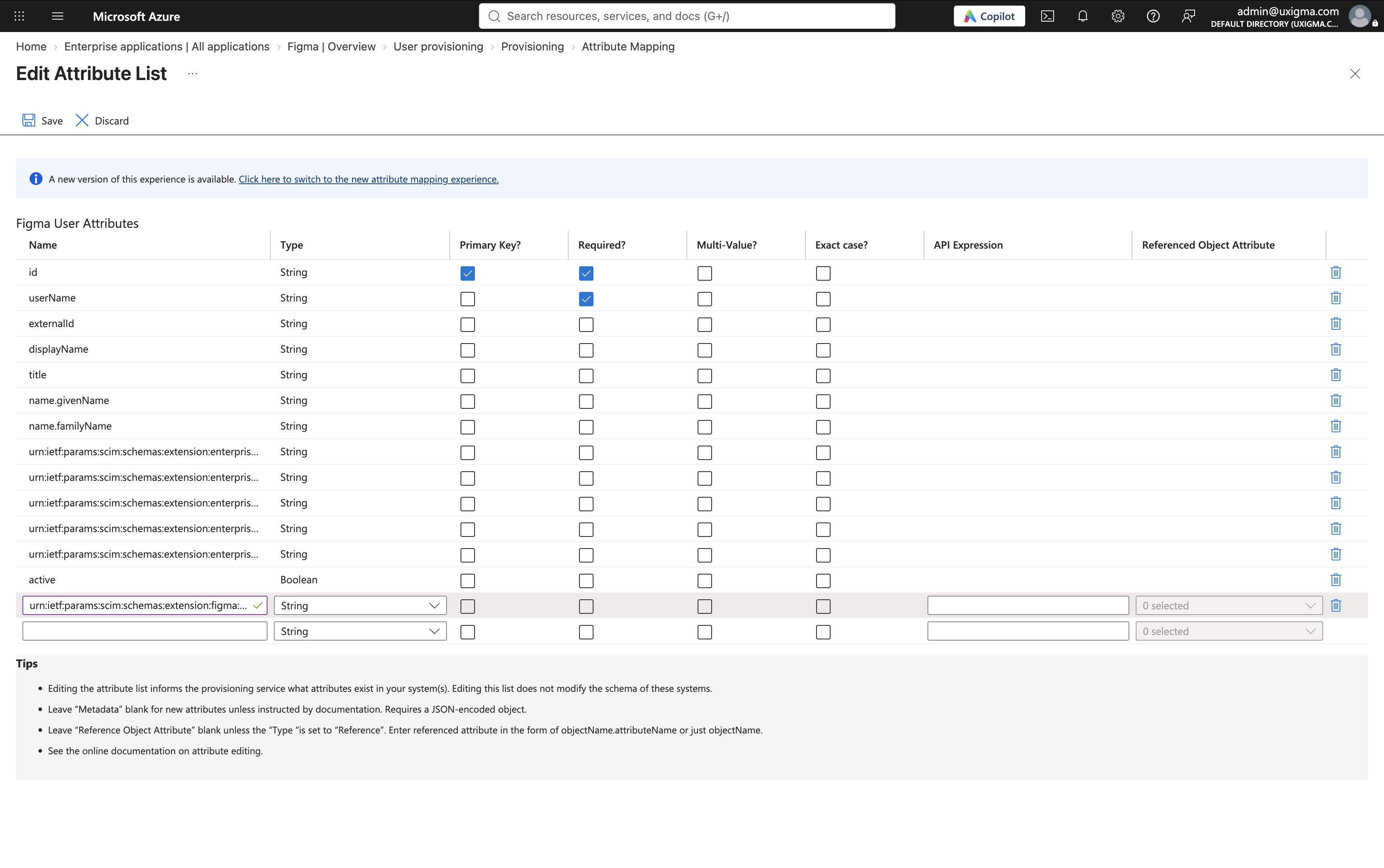 Microsoft Entra attribute list showing the Figma AI credit limit attribute configured as String with Multi-Value unchecked