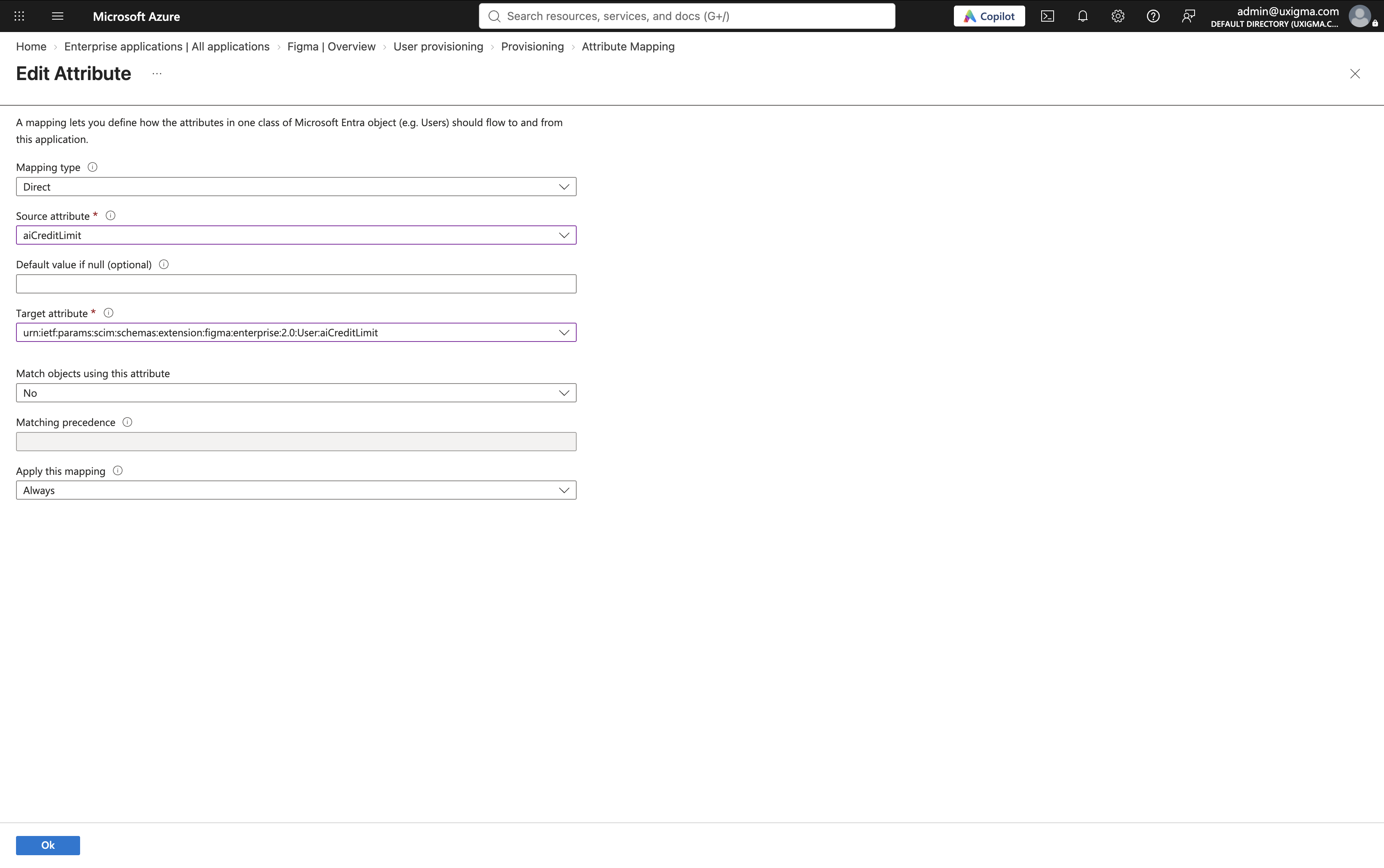 Microsoft Entra Edit Attribute page showing a Direct mapping to Figma’s AI credit limit attribute, Match objects set to No, and Apply this mapping set to Always.