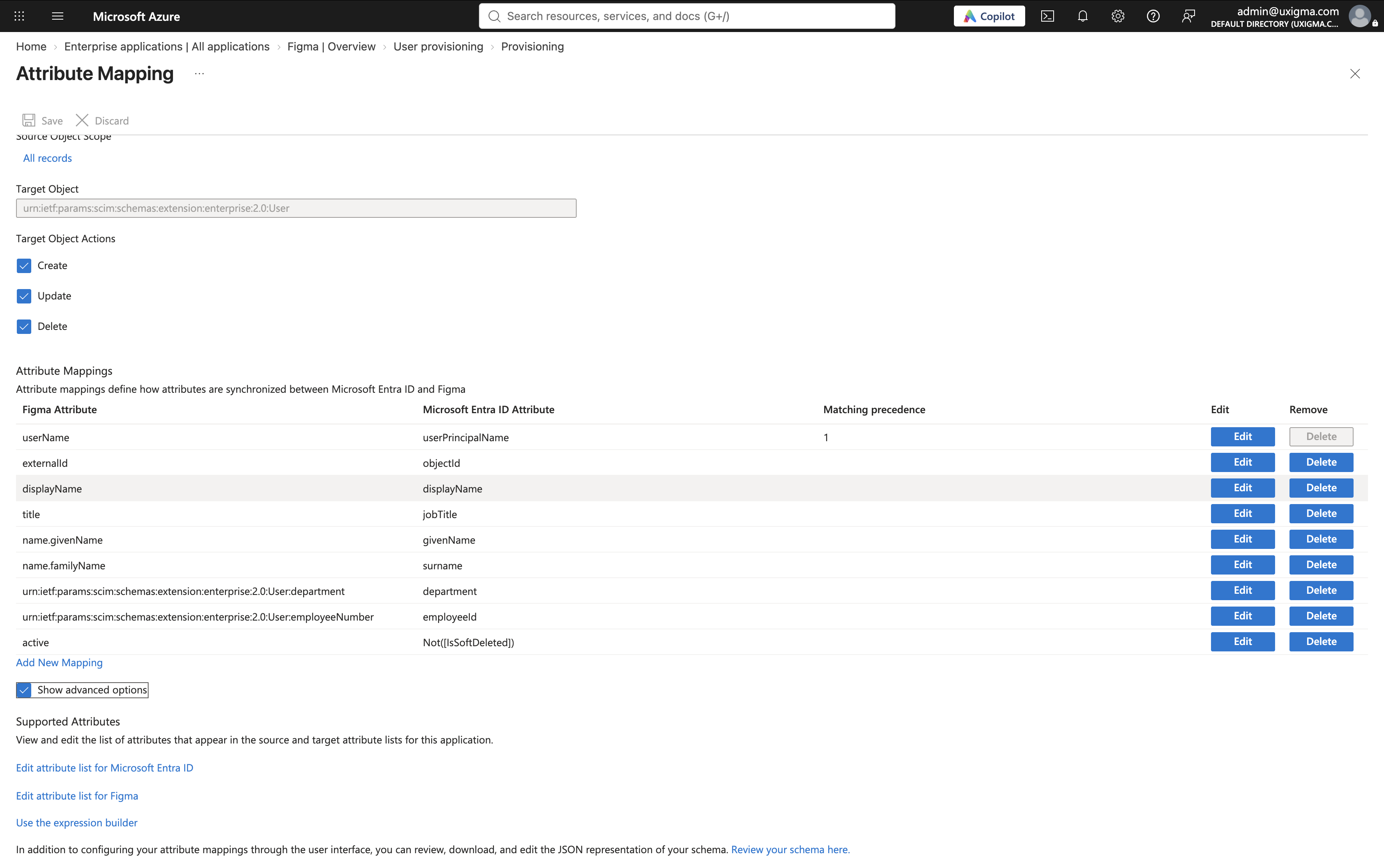 Microsoft Entra attribute mappings with Show advanced options selected and the Edit attribute list for Figma link visible.