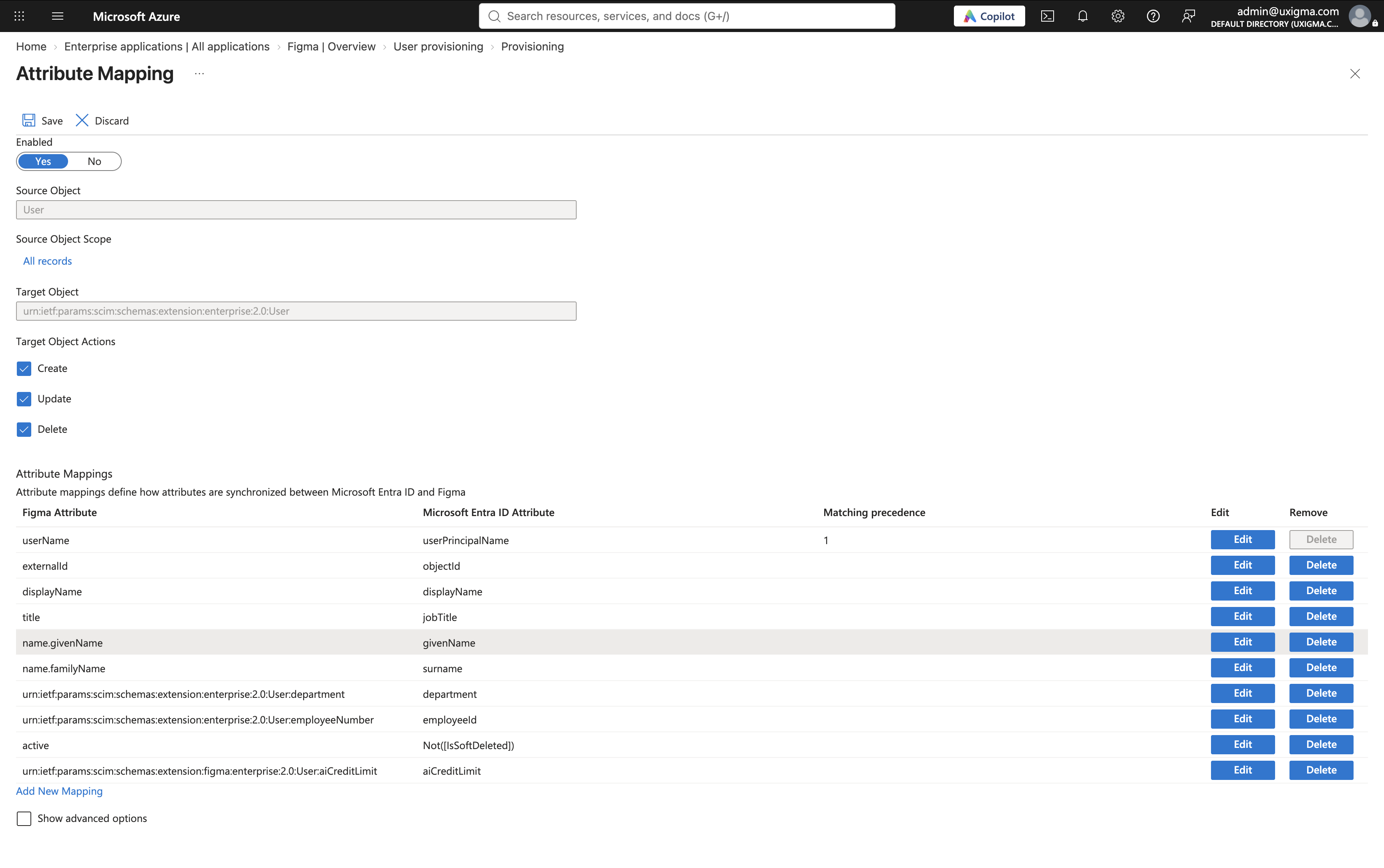 Microsoft Entra Attribute Mapping page showing the saved mapping between the user’s source attribute and Figma’s AI credit limit attribute.