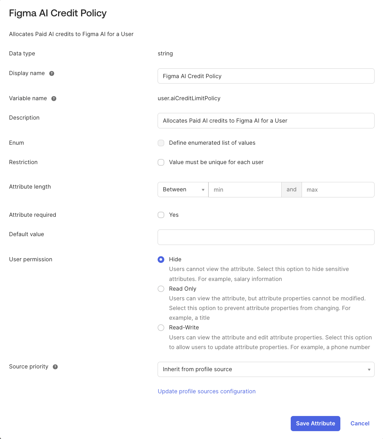 Okta user profile attribute settings for Figma AI Credit Policy.