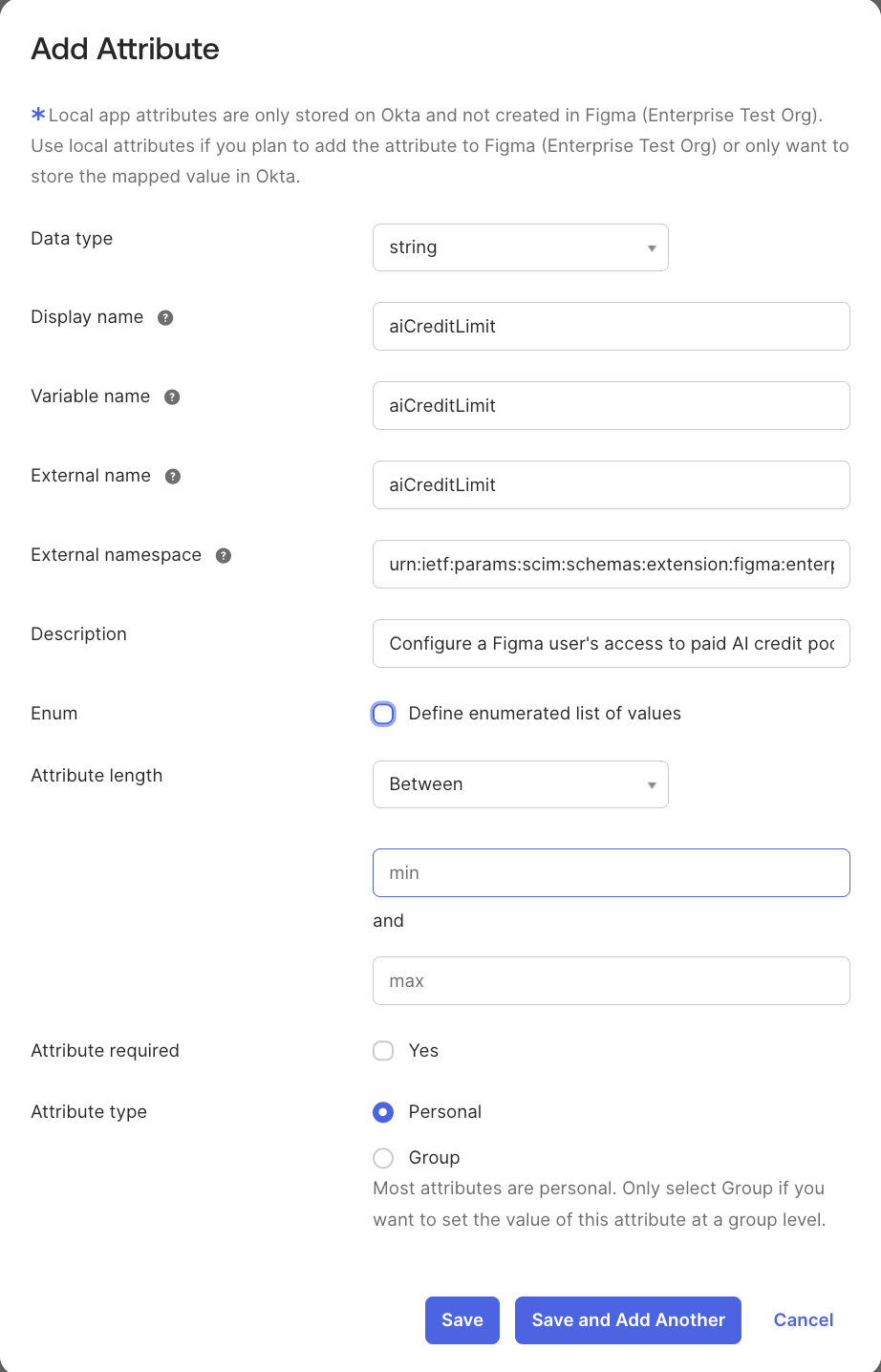 Okta Figma application attribute settings for aiCreditLimit, with String and Personal selected.