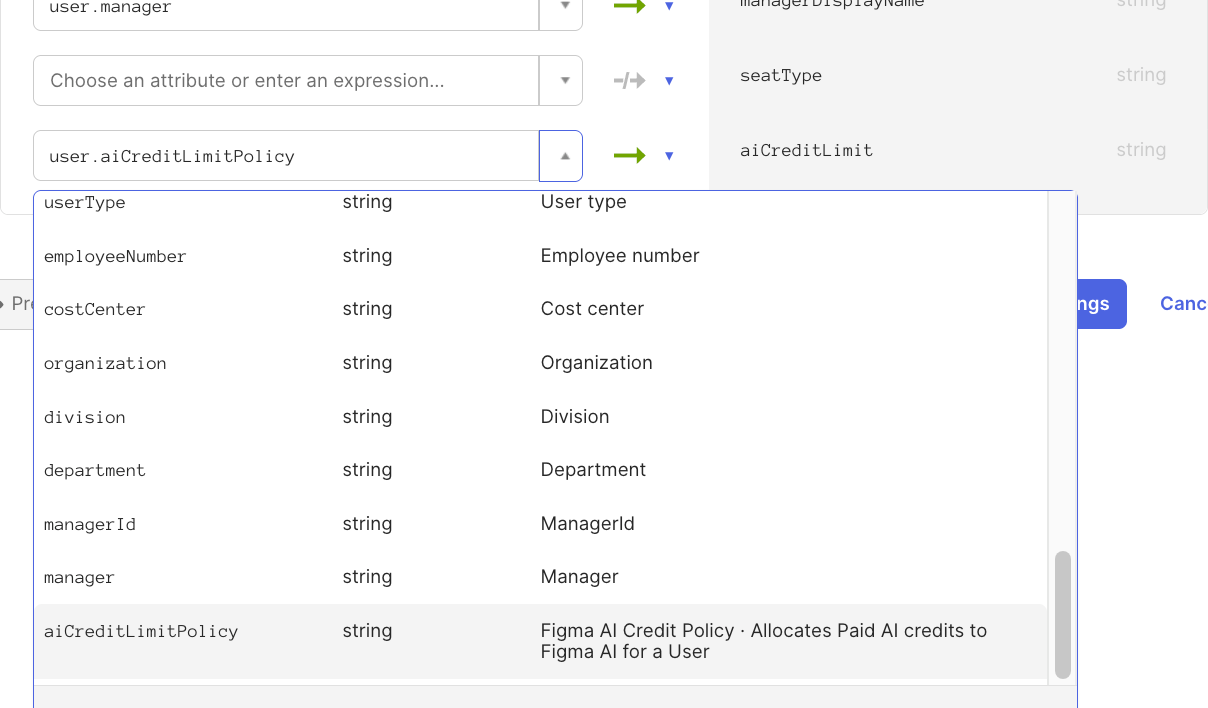 Okta mapping from user.aiCreditLimitPolicy to the Figma application’s aiCreditLimit attribute.