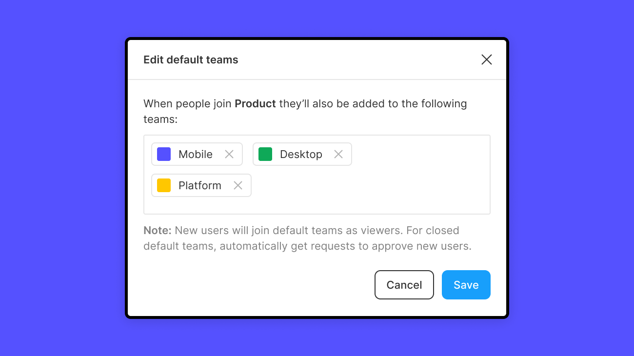 Edit default teams modal with three default teams