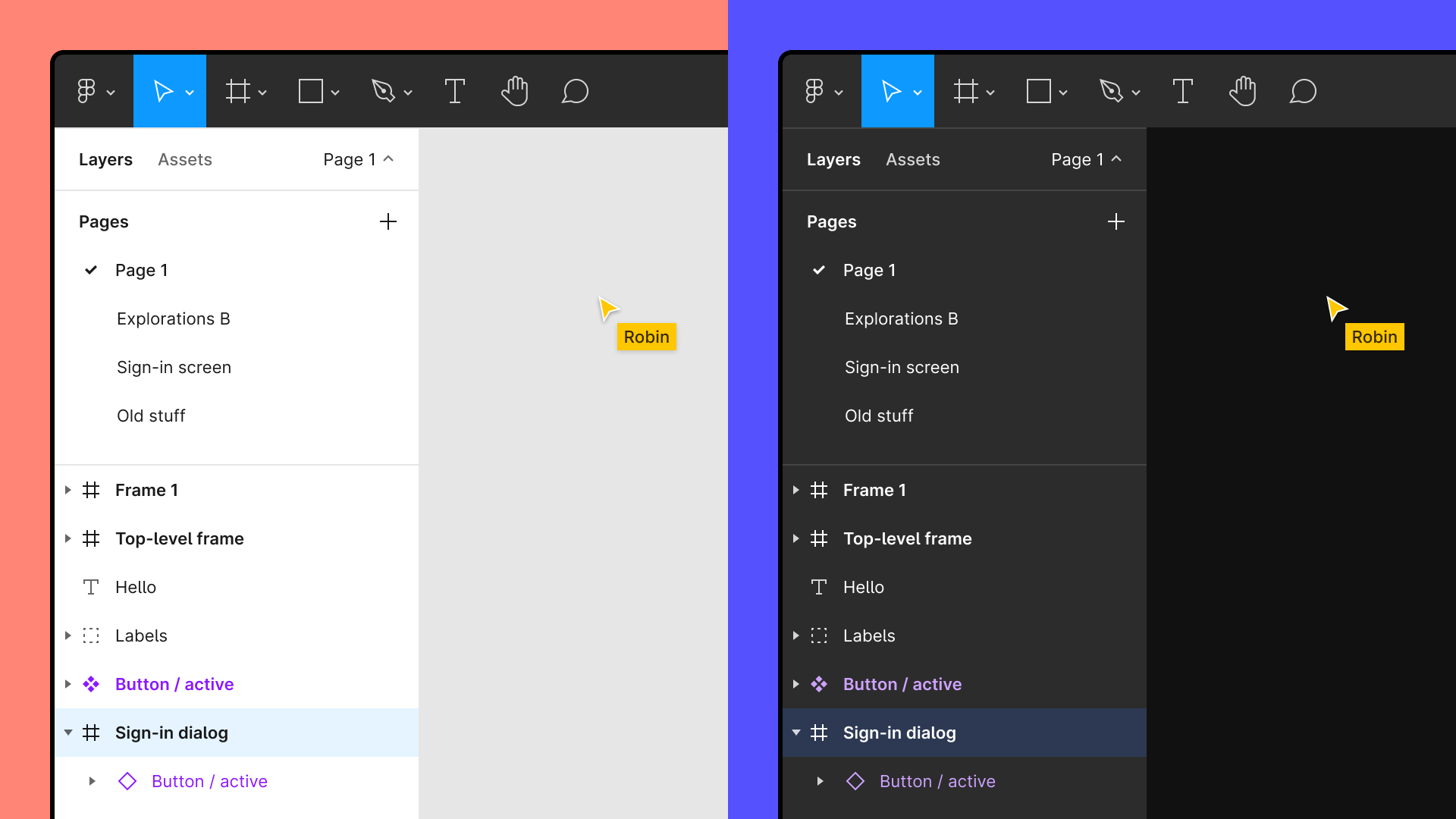 Side-by-side comparison of light and dark themes in a Figma Design file