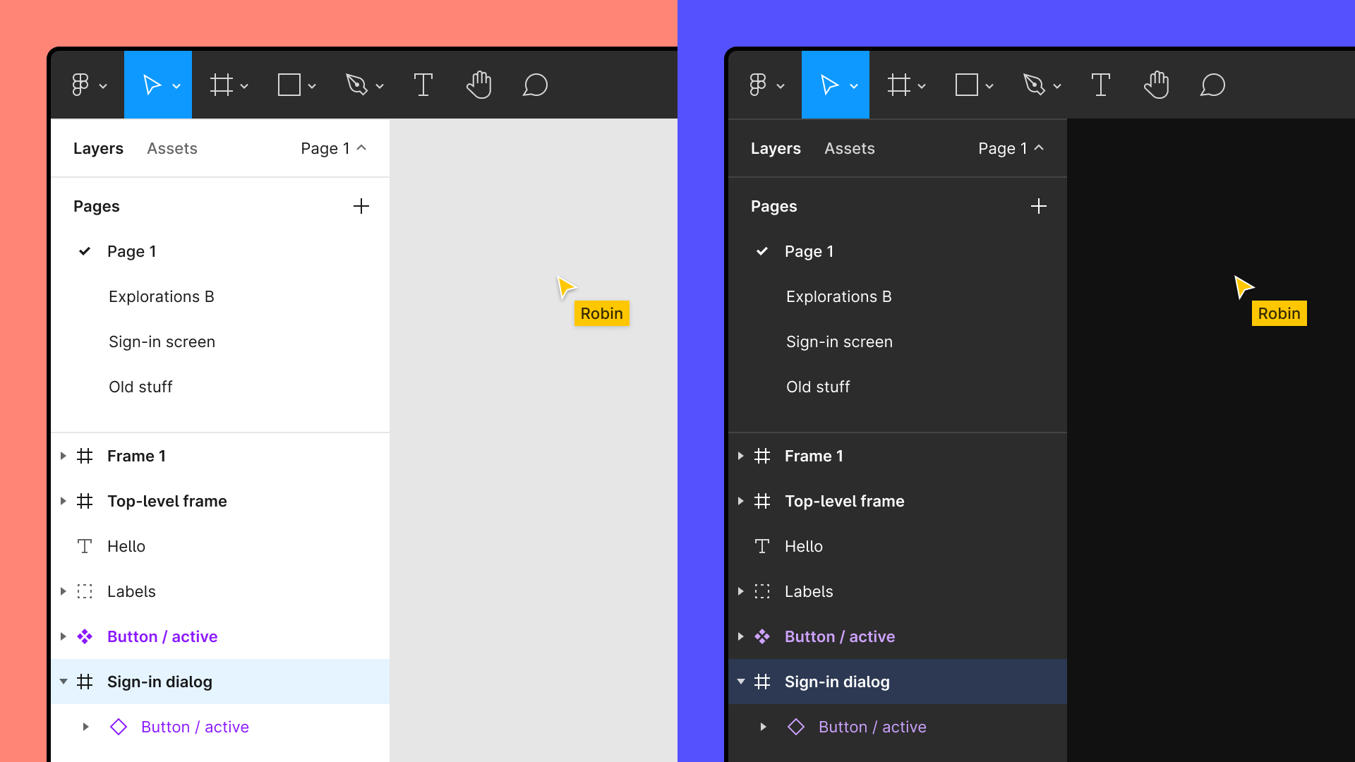 Side-by-side comparison of light and dark themes in a Figma design file