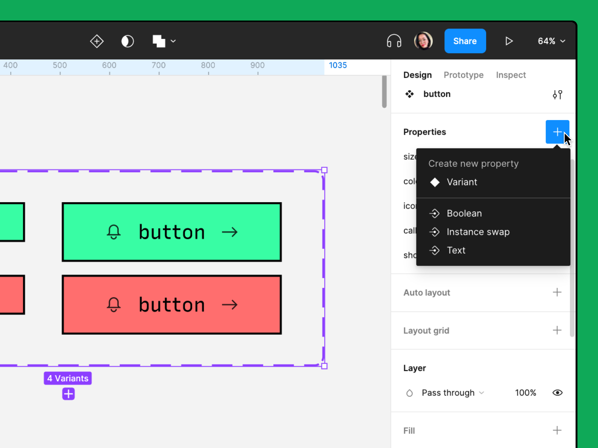 cursor over plus icon in right sidebar with dropdown menu containing component property options