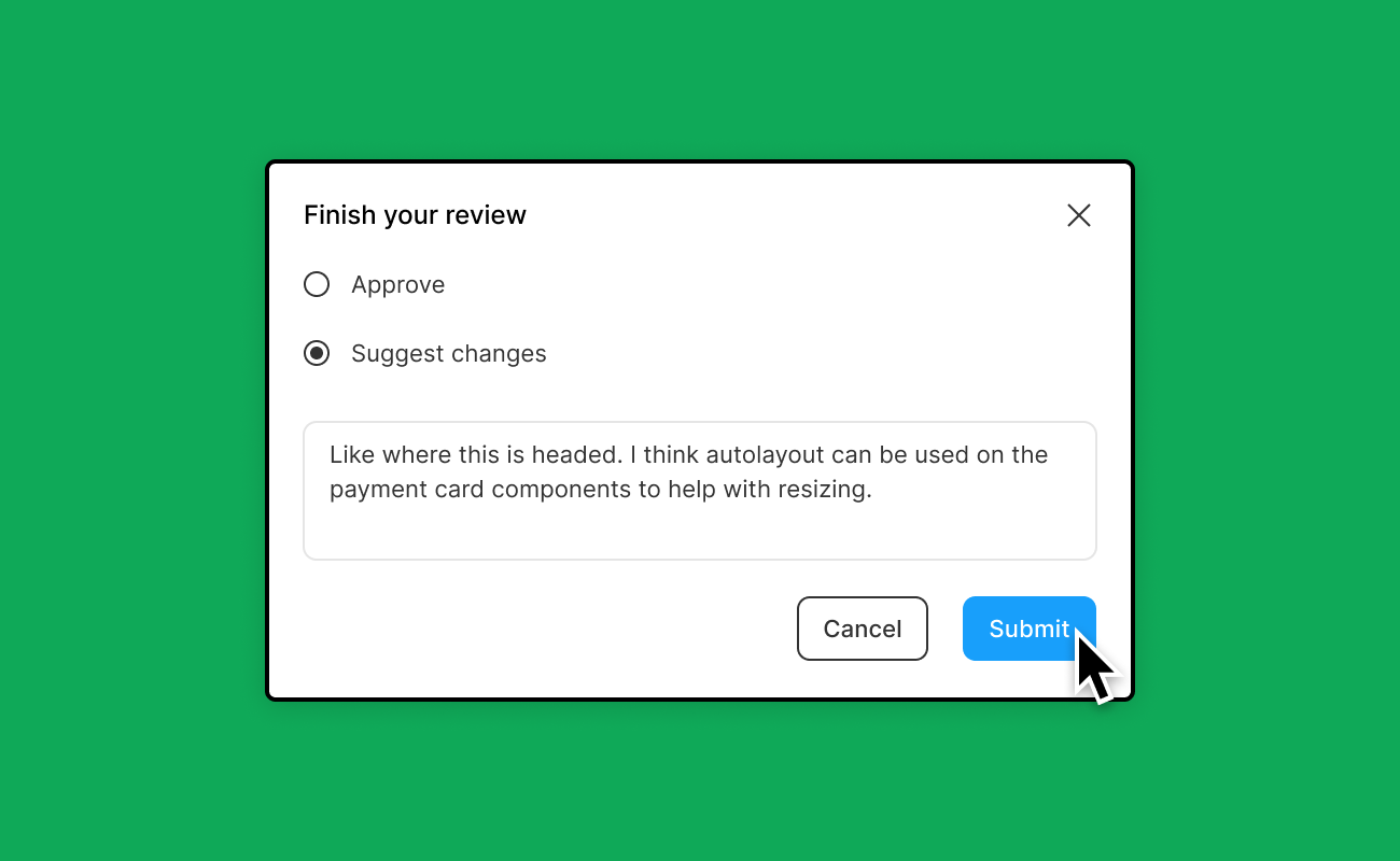 Finish your review modal with suggest changes selected