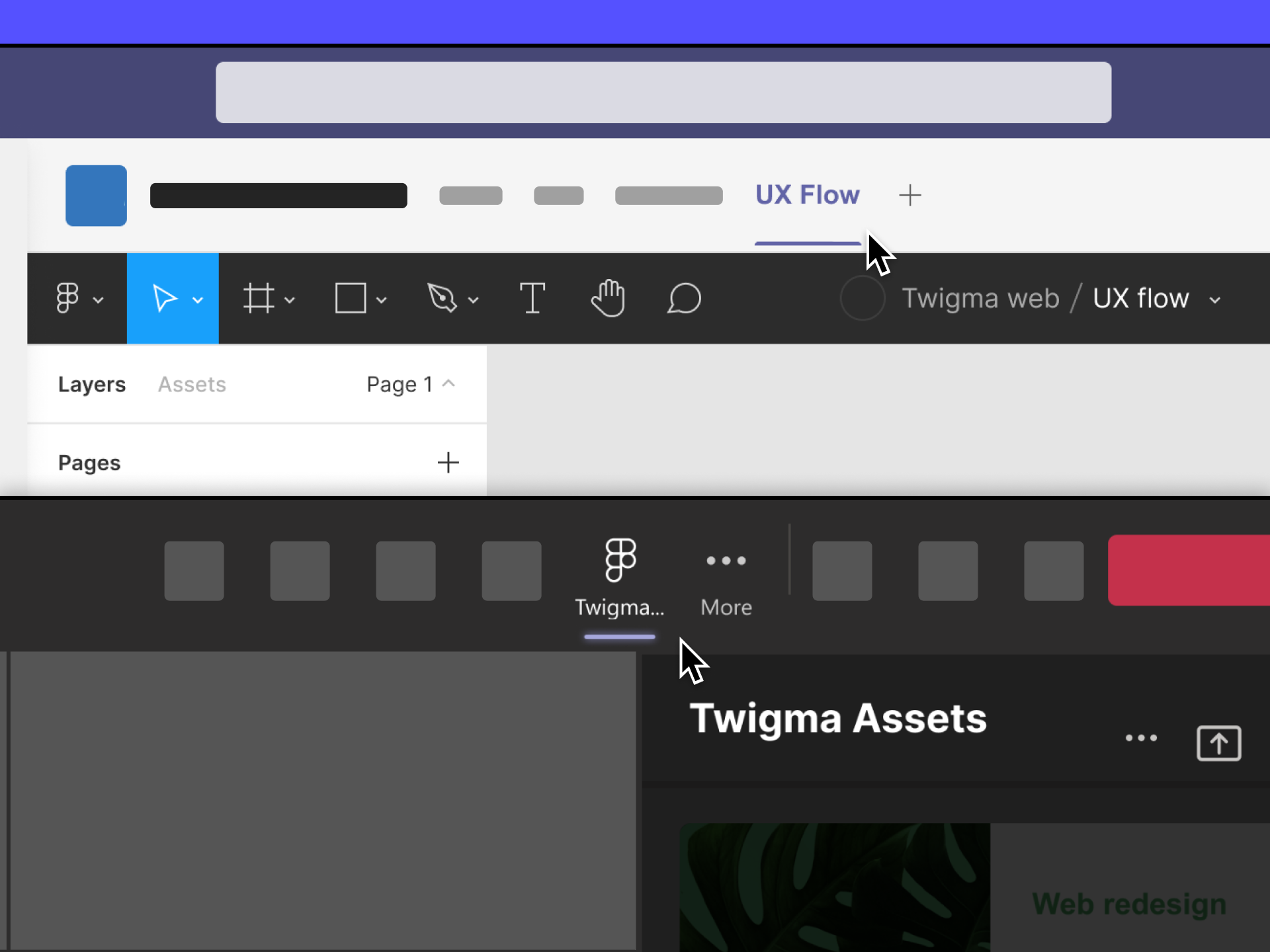 side-by-side image, showing where tabs are added in channels and in meetings