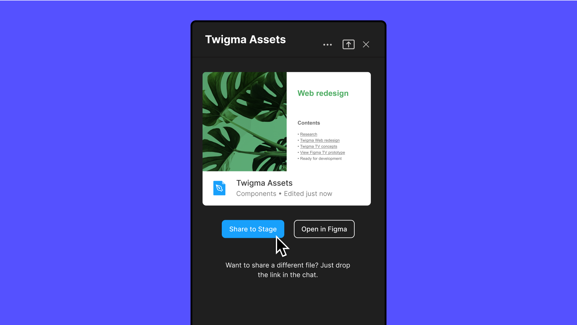 image of side panel that appears when you click on a Figma tab during a Meeting, with cursor over Share to Stage button