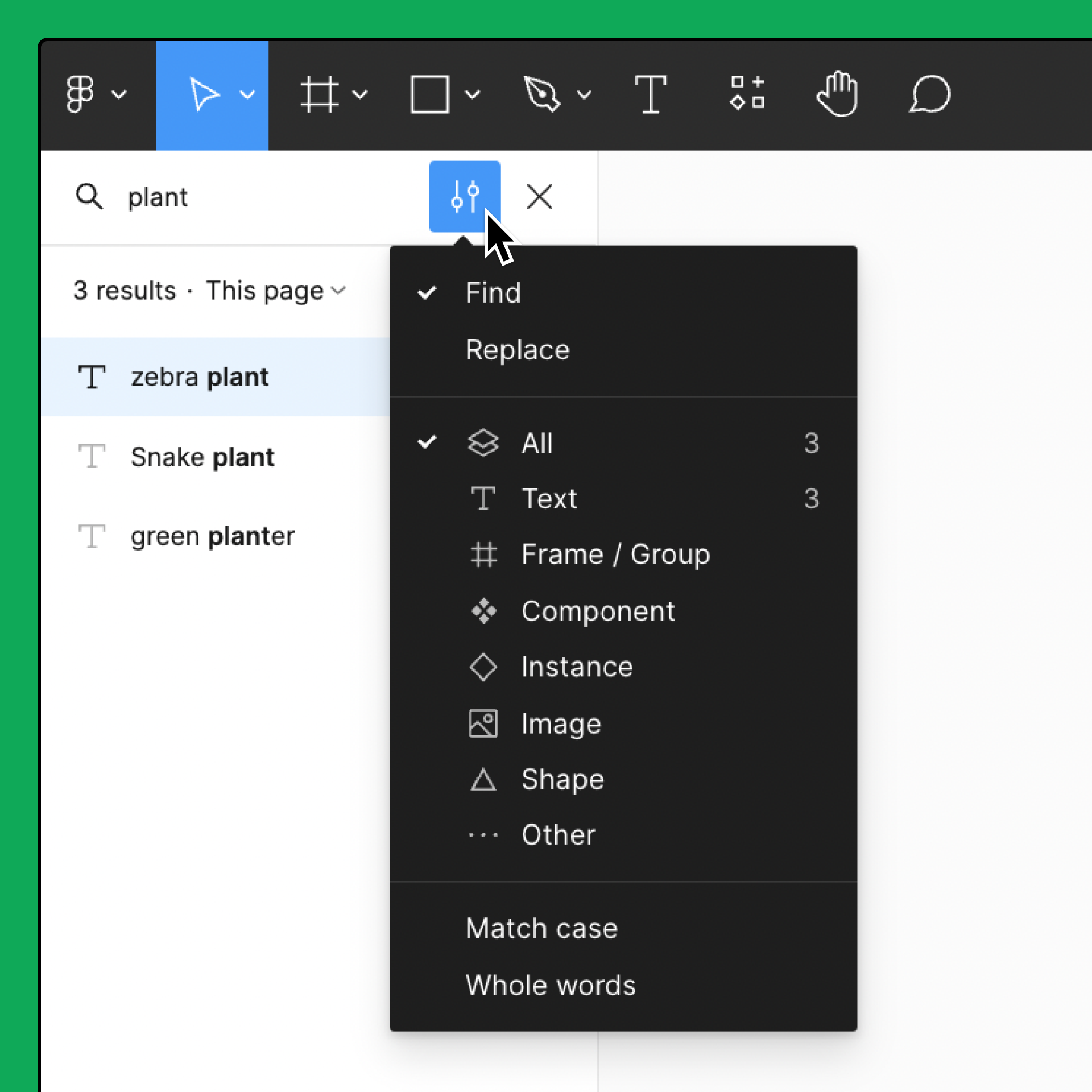 Find and replace setting in Figma